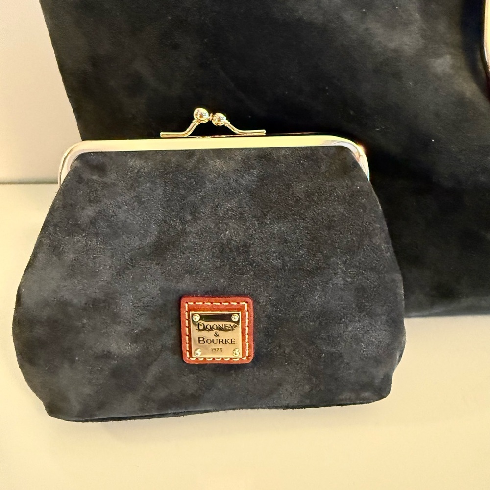 Large Dooney & Bourke Shoulder Bag - Black Suede, Leather accents, Red Interior - Picture 5 of 16